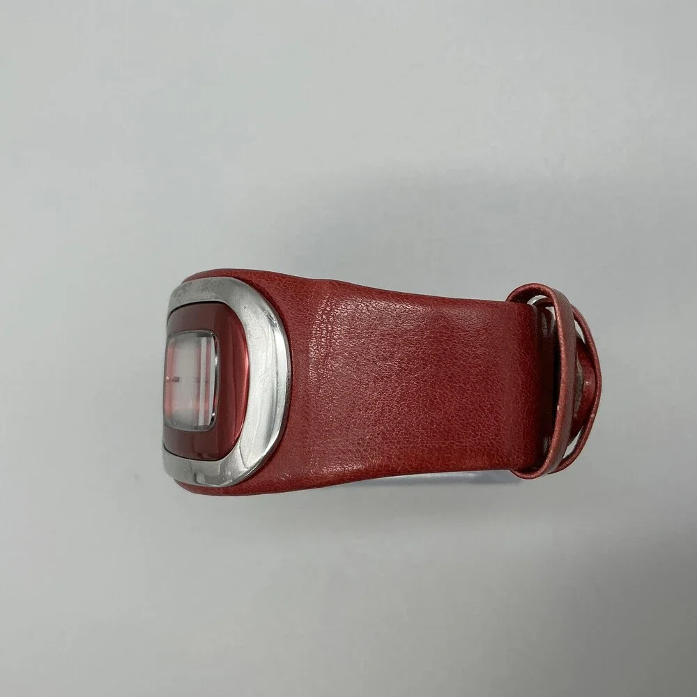 DKNY Womens Watch 33mm Silver Tone White Dial Red Leather Dress Cuff New Battery